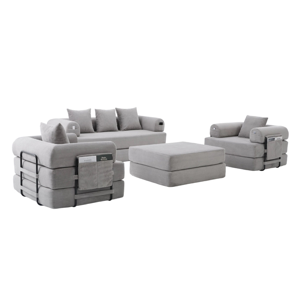Divano modulare in corduroy con pouf; grigio chiaro