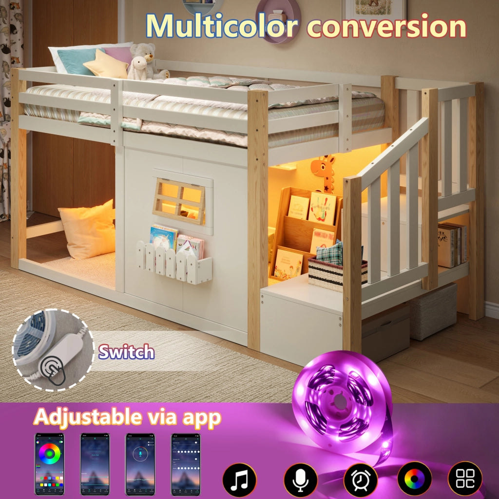 Letto a soppalco 90 × 200 cm con scala contenitore e illuminazione LED in legno di pino e MDF bianco naturale