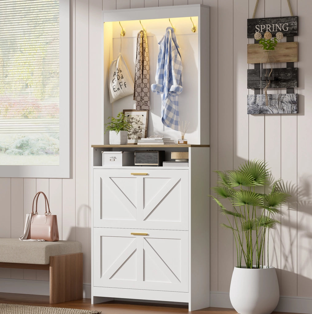 Armadio Slim Porta Scarpe con Illuminazione LED e 2 Cassetti Ribaltabili, con Ganci, Bianco, 70x24x180 cm