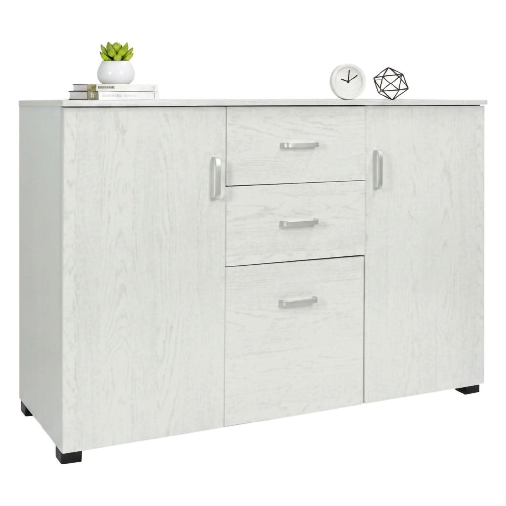 Credenza Apocalypse, Buffet moderno a 3 ante e 2 cassetti, Madia lineare con ripiani, Made in Italy, Cm 120x40h83, Rovere sbiancato