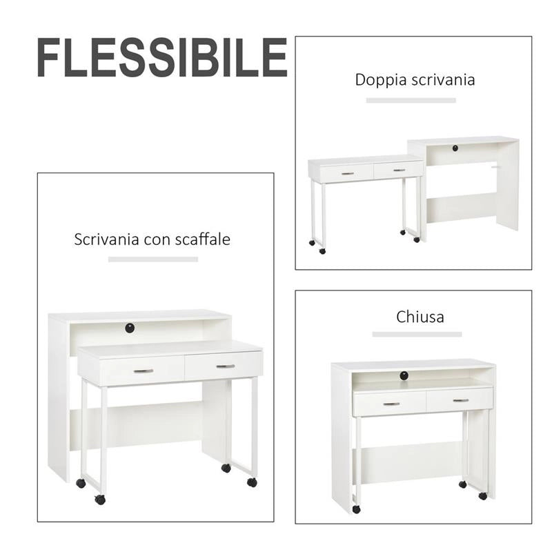 SCRIVANIA SINGOLA PER CAMERA E UFFICIO CON CASSETTI E RUOTE 100X36X88CM BIANCO