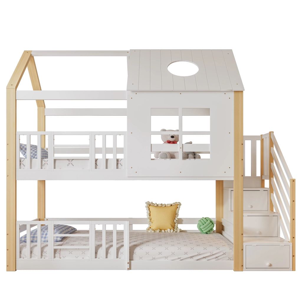 OKWISH Letto a Castello 90×200 cm, Letto Singolo con Scala Contenitore, Sponde e Design a Casetta, senza Materasso, Bianco Naturale
