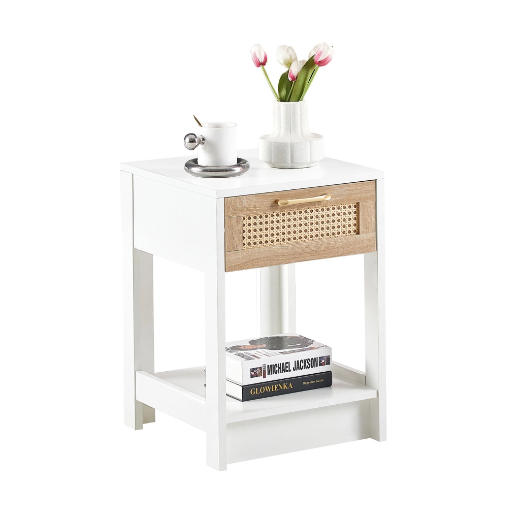Comodino con cassetto 40x40x55 cm in MDF bianco e naturale effetto rattan