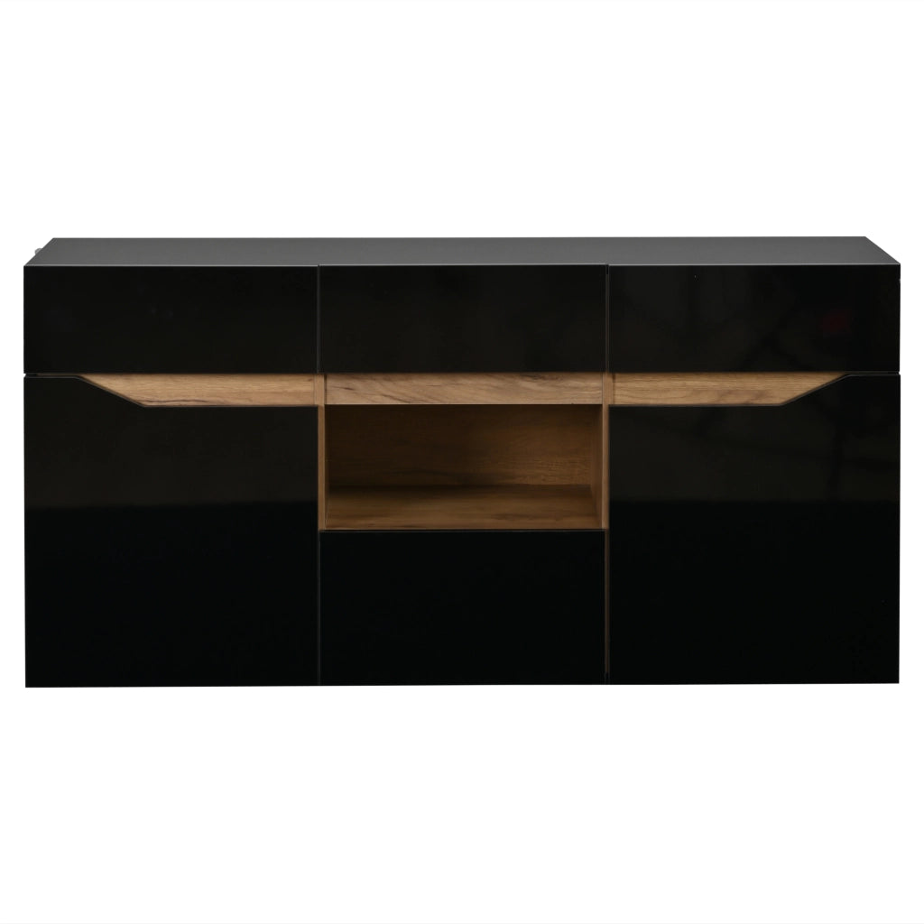 Credenza soggiorno 140x40x70 cm con 4 cassetti; LED; finitura lucida; nero e legno