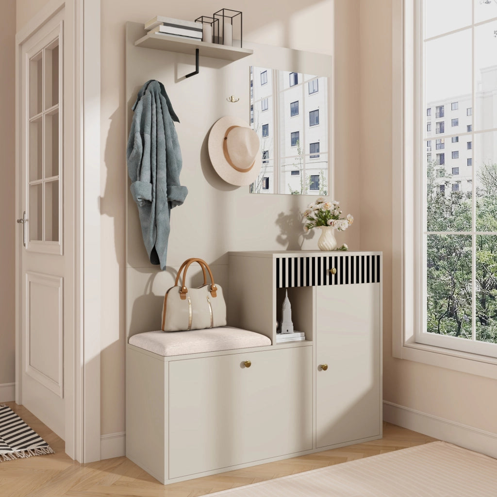 Set mobile ingresso compatto con specchio e cuscino imbottito, armadio per corridoio, parete attrezzata, scaffale e scarpiera, 110 x 185,5 x 37 cm