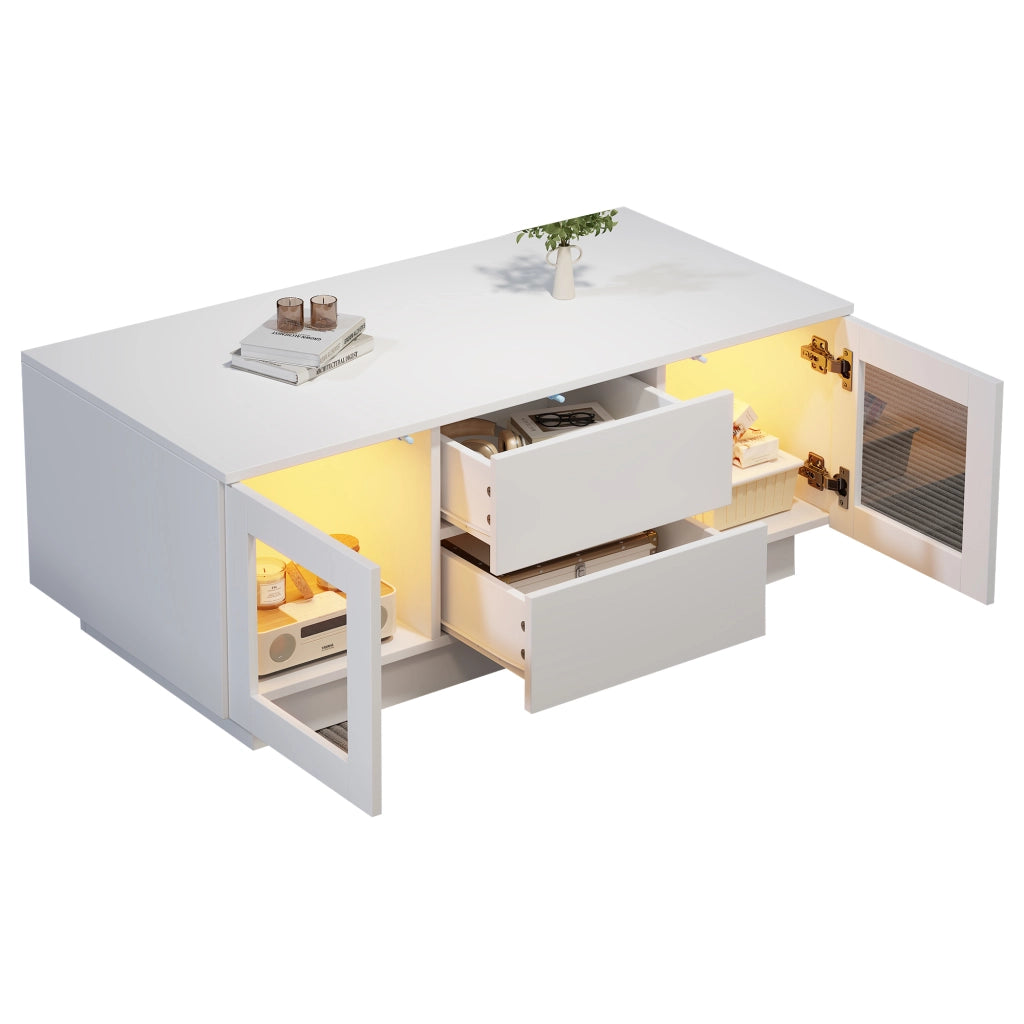 Tavolino da Salotto Bianco Lucido 100x50x40 cm con Luci LED RGB e 2 Cassetti