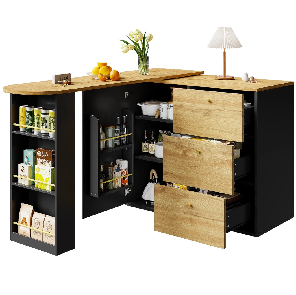 Tavolo bar estensibile 138-204 cm nero in MDF, girevole con 3 cassetti