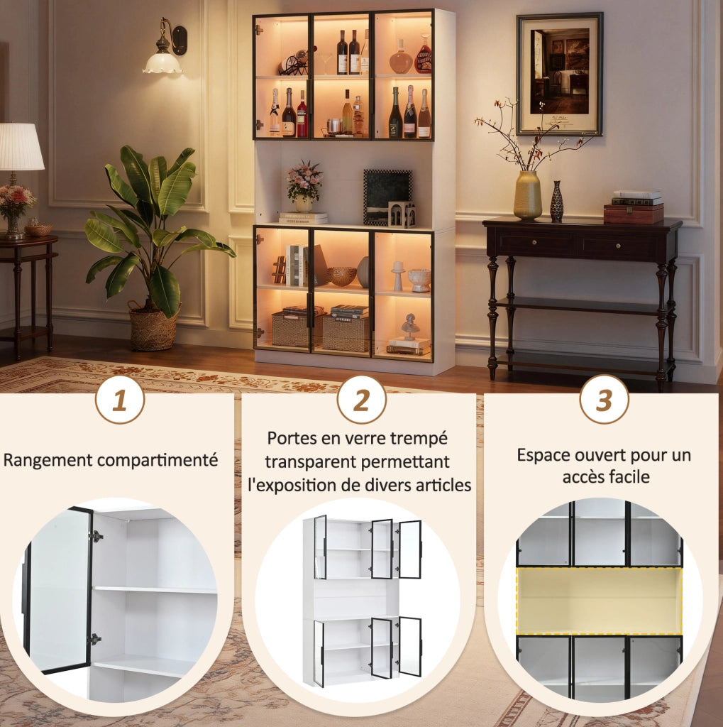 Vetrina bianca in MDF con 6 ante in vetro, LED regolabile via app, 120x34x200 cm, armadio alto con sicurezza anti-ribaltamento