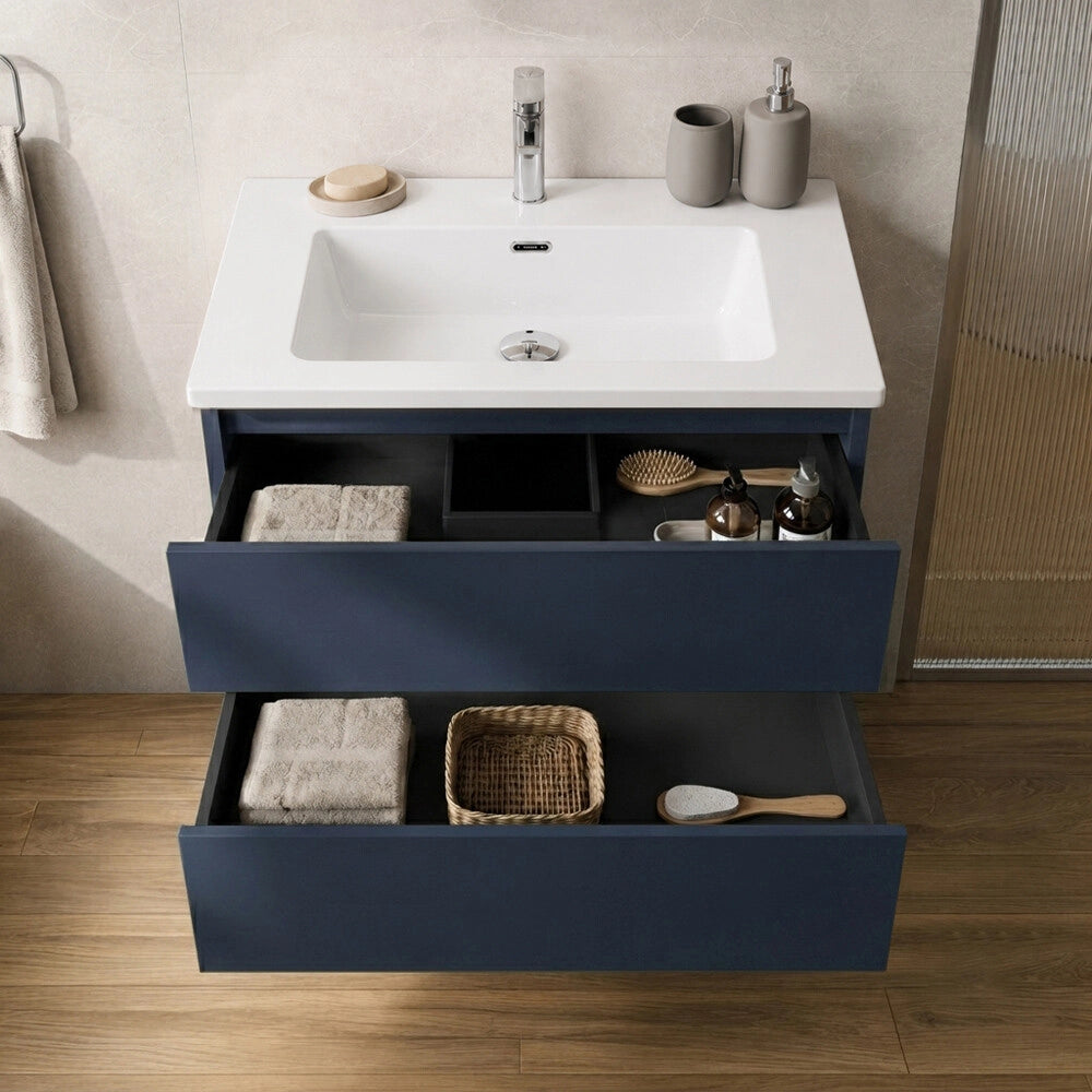 Mobile bagno sospeso 70 cm blu due cassetti push-pull e lavabo Tierra