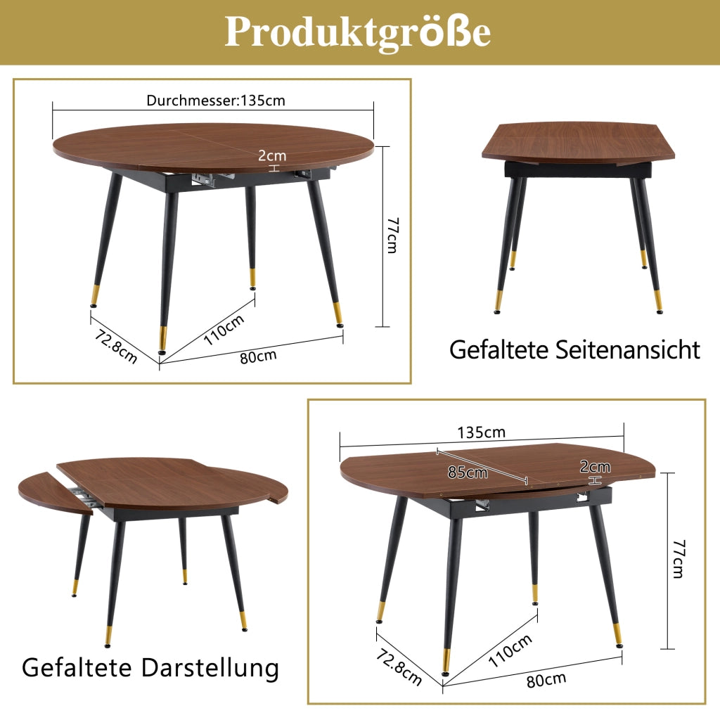 Tavolo da pranzo allungabile rotondo trasformabile in ovale in MDF e metallo color noce 135 × 85 × 77 cm