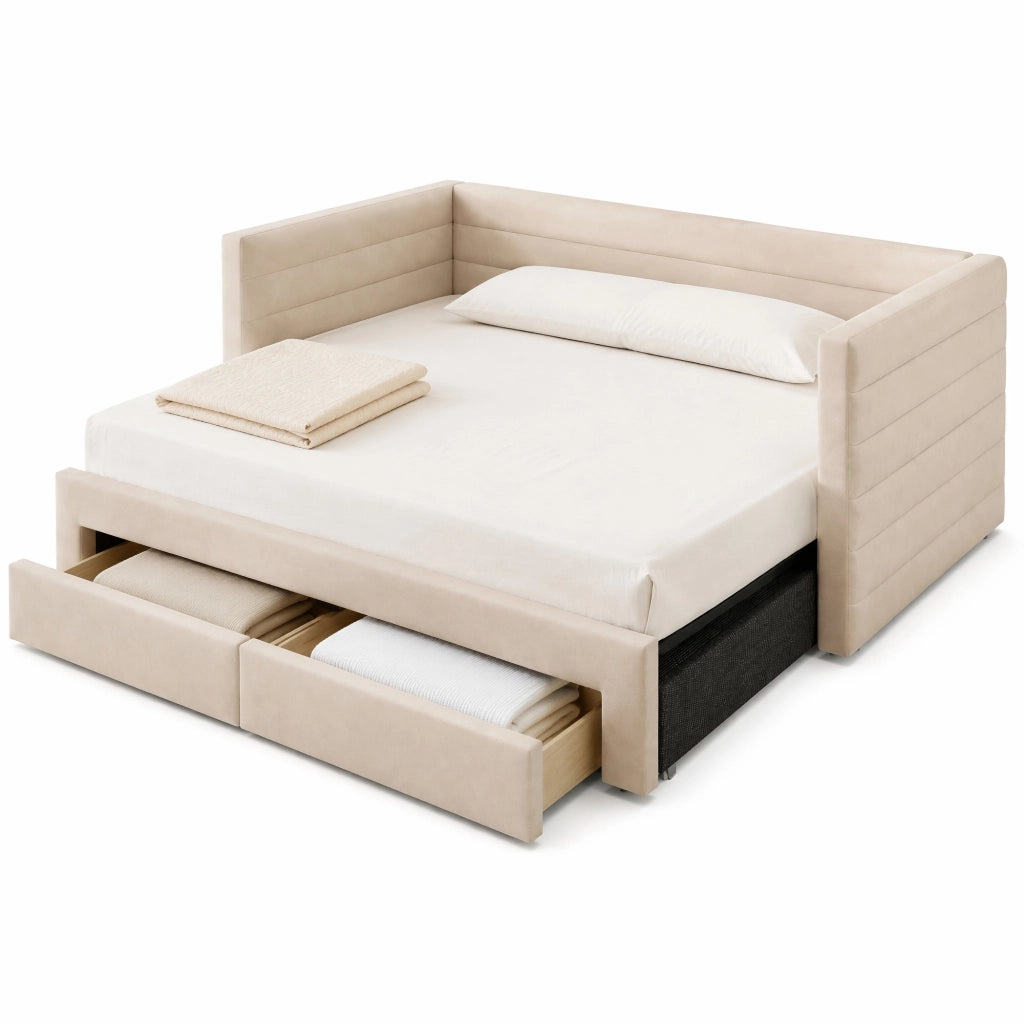 Divano letto 3 in 1 90 × 190 cm estensibile a 180 × 190 cm con 2 cassetti rivestito in cotone e lino beige