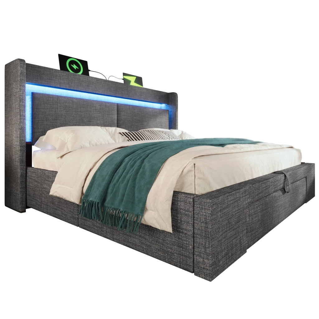 Letto imbottito 140x200 cm con contenitore idraulico; testiera LED; USB e USB-C; grigio