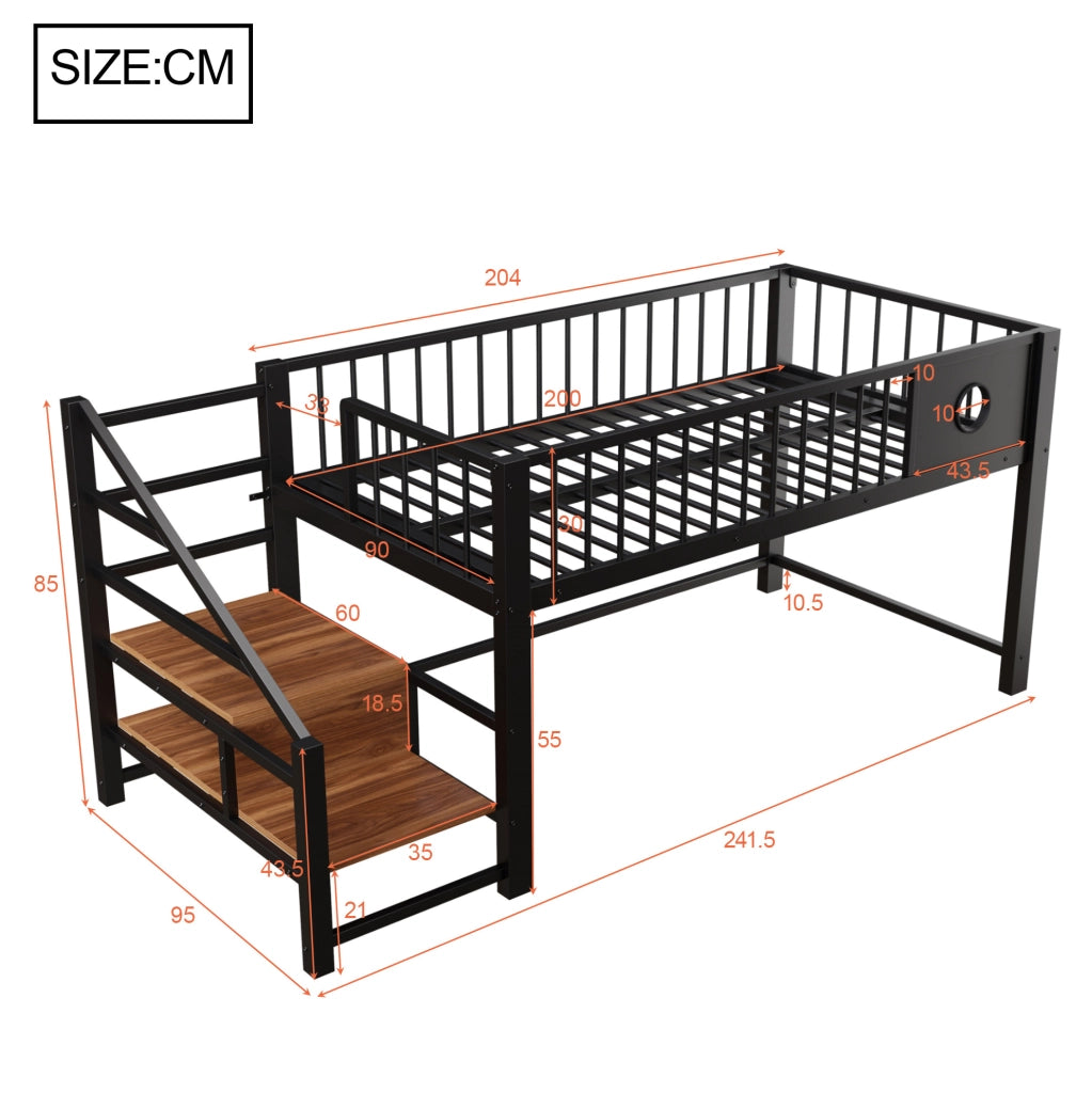 Letto a soppalco basso per bambini 90x200 cm con struttura metallica nera e scala contenitore