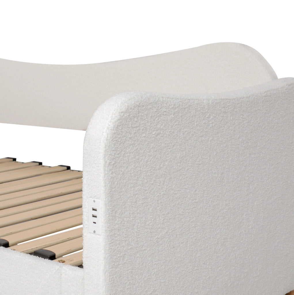 Letto imbottito estensibile con 2 cassetti, 90x200 cm, colore beige bouclé, con porta USB