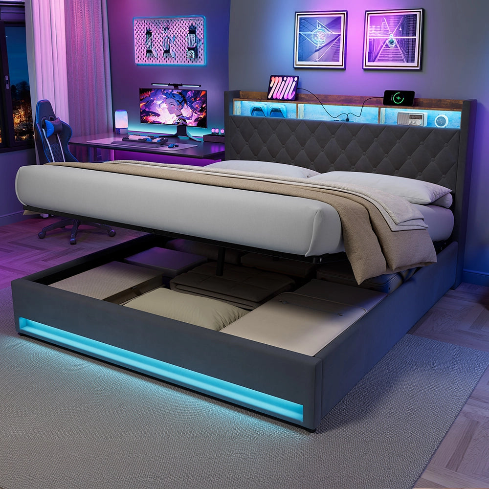 Letto contenitore 180x200 cm; LED RGB; porta USB; testiera imbottita; vano contenitore; mensola; velluto grigio; materasso escluso