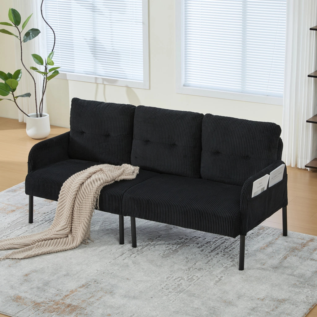 Divano 3 sedili 171 x 72 x 80 cm; sedile imbottito; schienale alto; tasche laterali; gambe in metallo; velluto a coste; nero