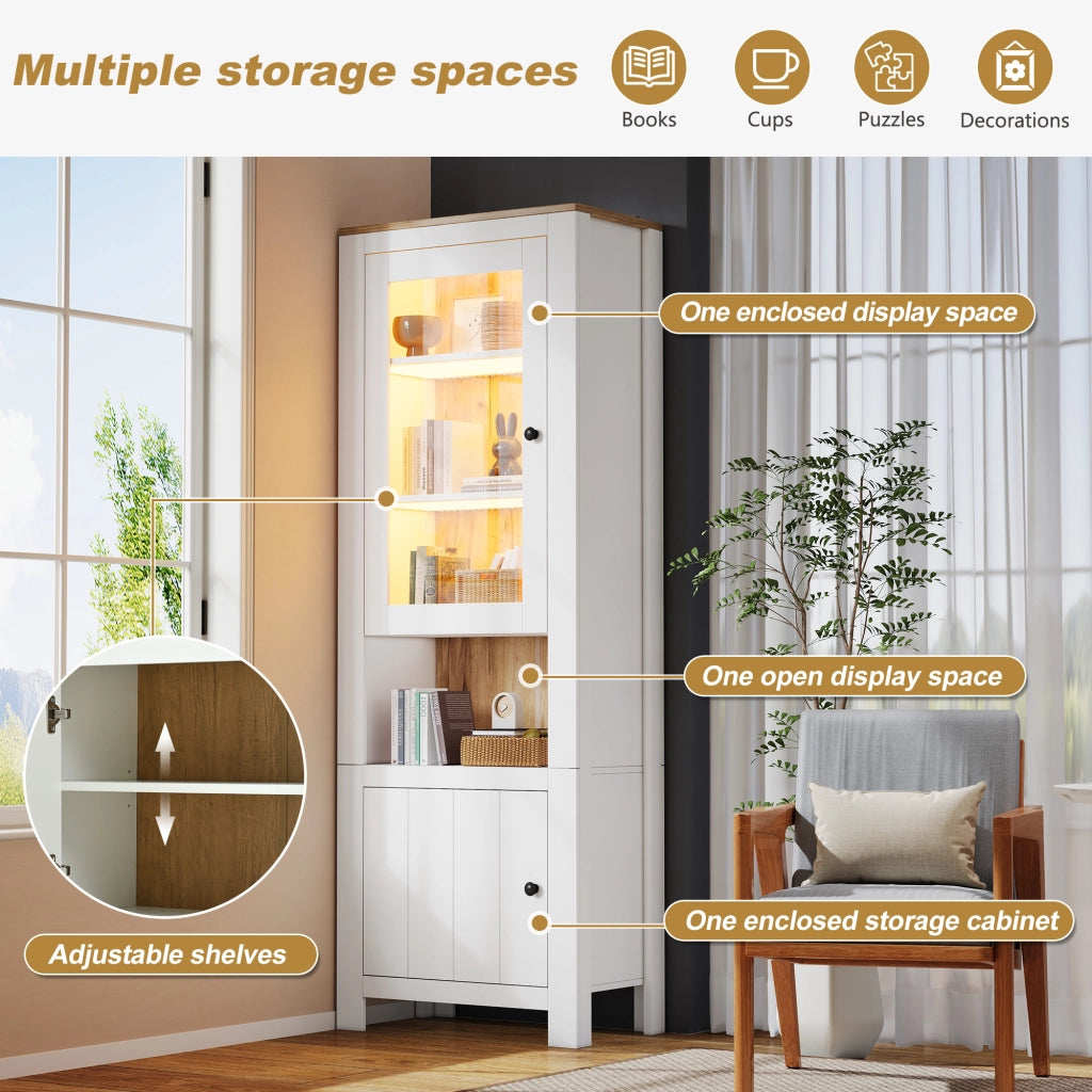 Vetrina da soggiorno con 2 ante; ripiani regolabili e LED controllabile via app; bianca con retro effetto legno naturale 70 × 40 × 188 cm