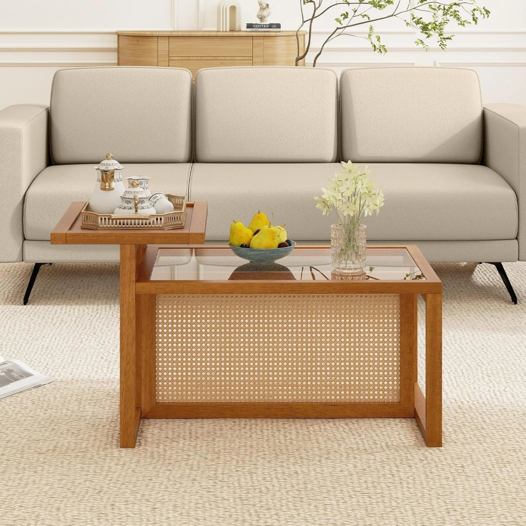 Tavolino Salotto in Vetro Temperato e Rattan a 2 Ripiani
Tavolino da Caffè Salvaspazio Rettangolare con Vassoio Laterale e Decorazioni Rattan, da Studio e Ufficio, 102 x 56 x 56 cm