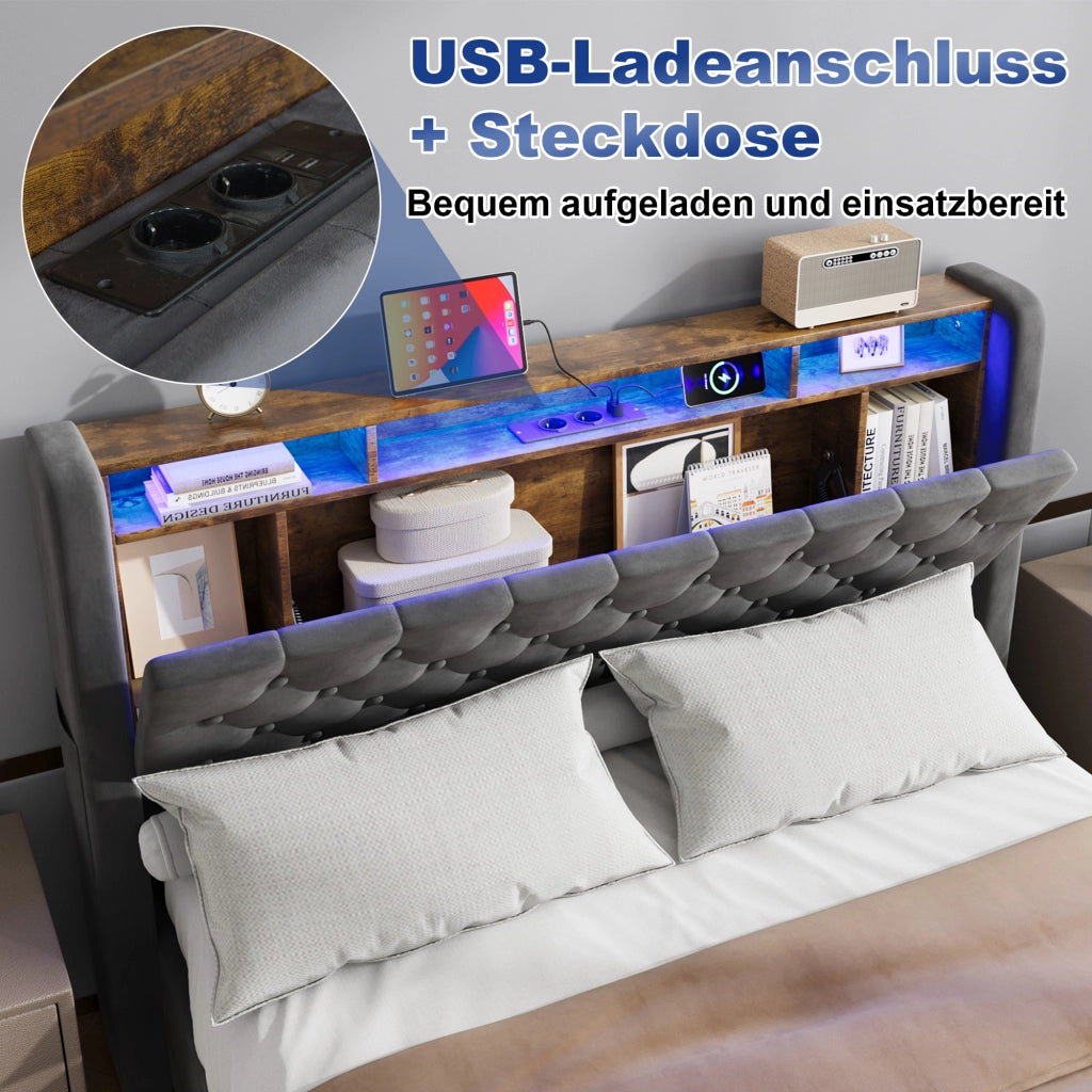 Letto imbottito 140 × 200 cm con contenitore, mensola testiera, LED e porte USB in velluto holland grigio