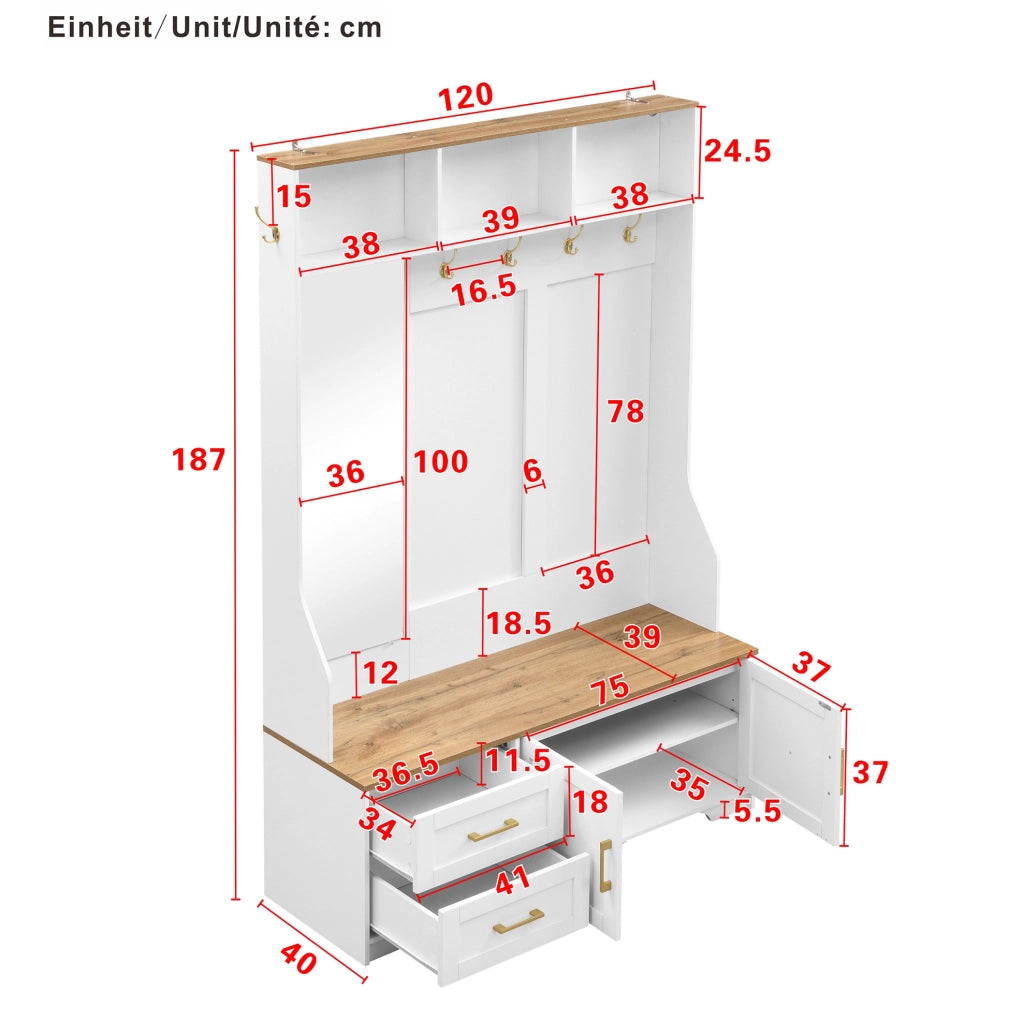Mobile guardaroba con LED; specchio; ganci e cassetti; 120 x 40 x 187 cm; MDF; bianco ed effetto legno