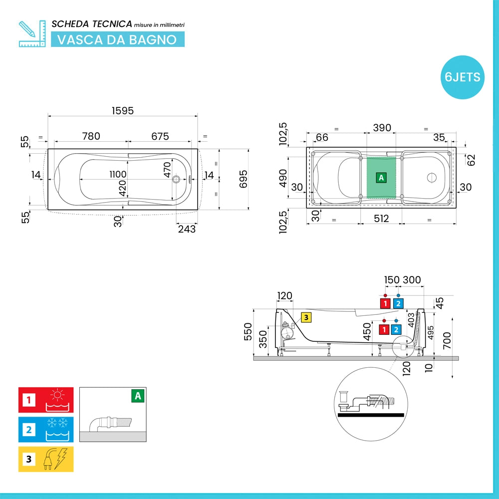 Vasca da bagno idromassaggio 160x70 a 6 JET bianco lucido con cuscino antibatterico Calypso