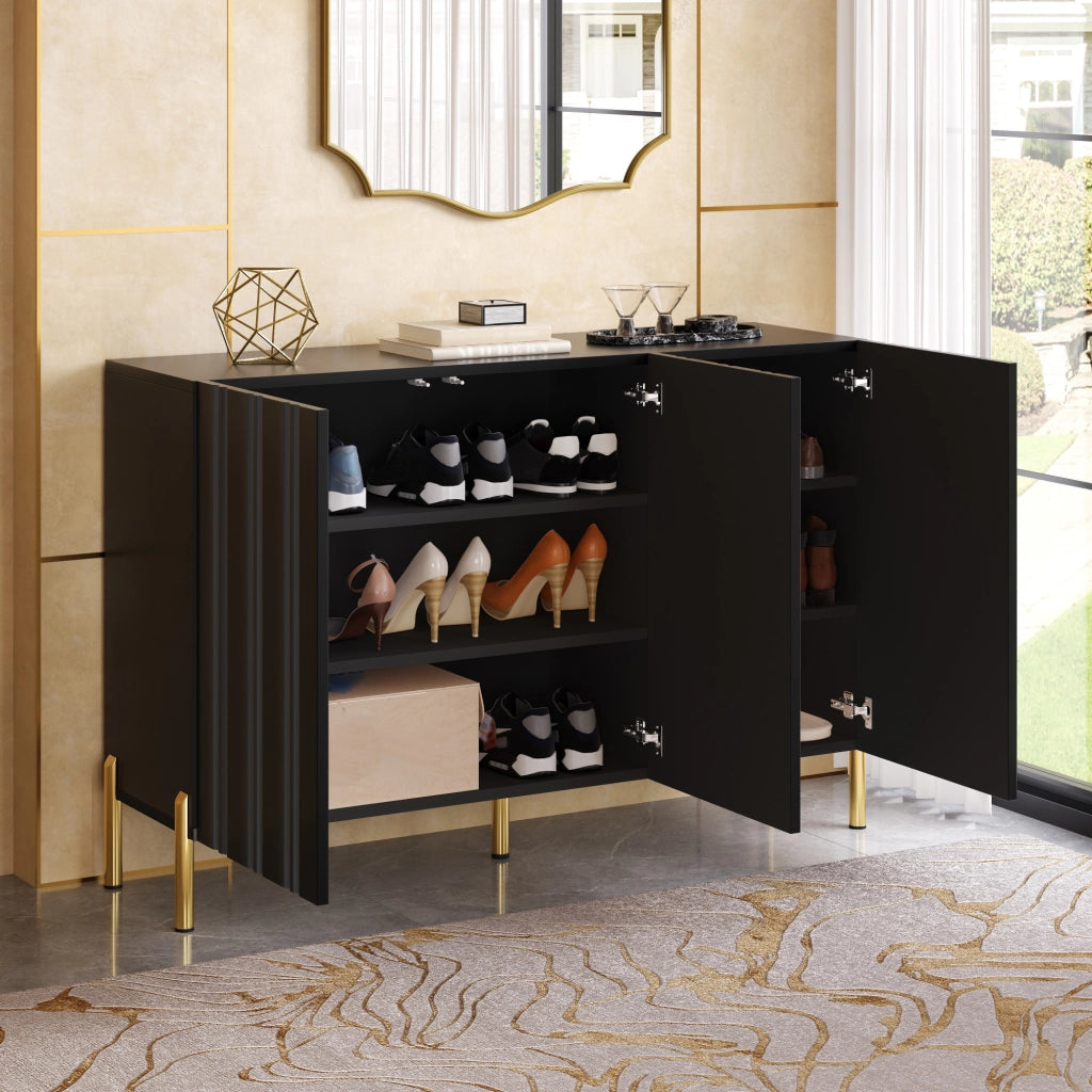 Credenza e madia con 3 ante senza maniglie e ripiani regolabili, per ingresso e soggiorno, in MDF e truciolare, nero