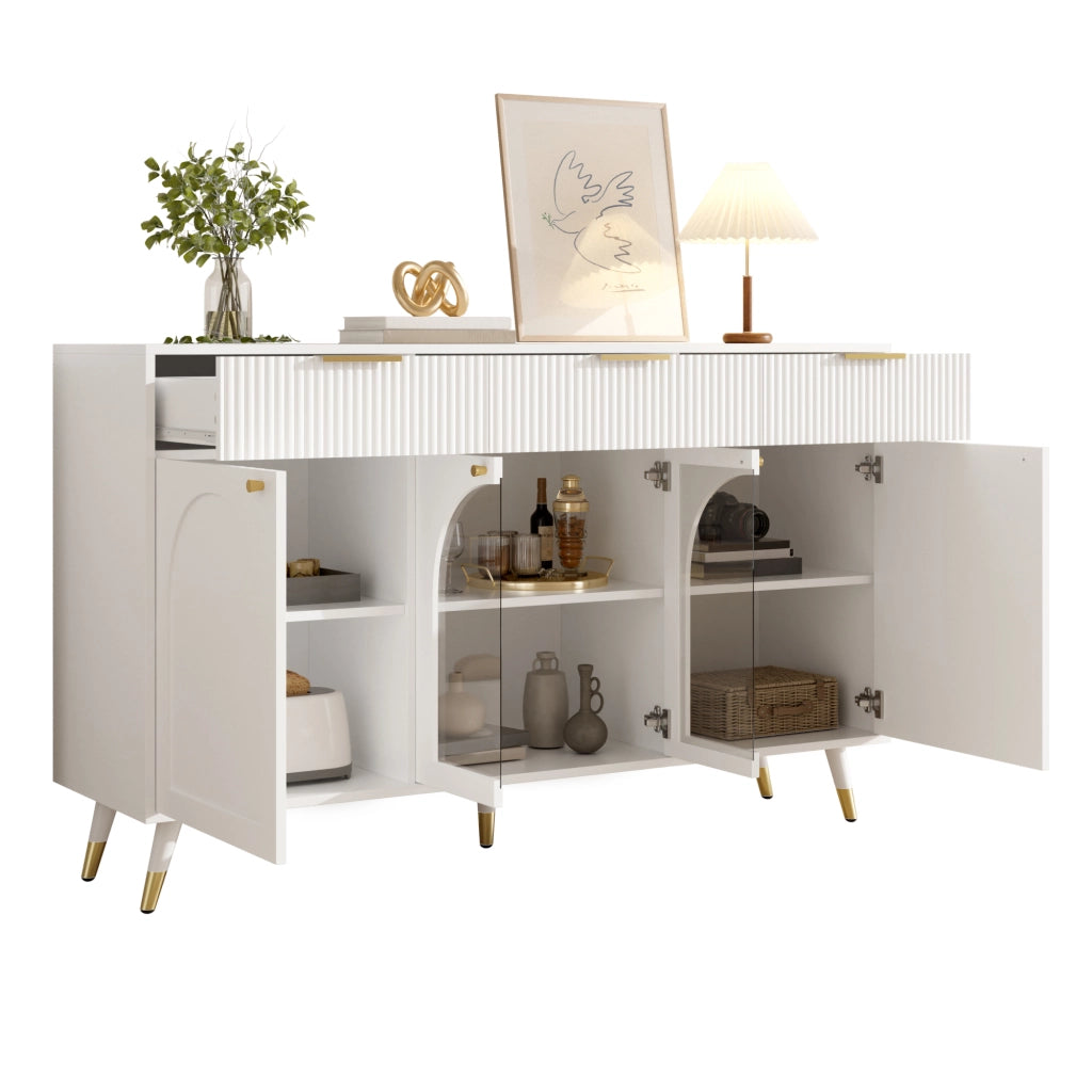 Credenza 4 ante e 3 cassetti con inserti in acrilico trasparente per soggiorno e sala da pranzo in MDF bianca