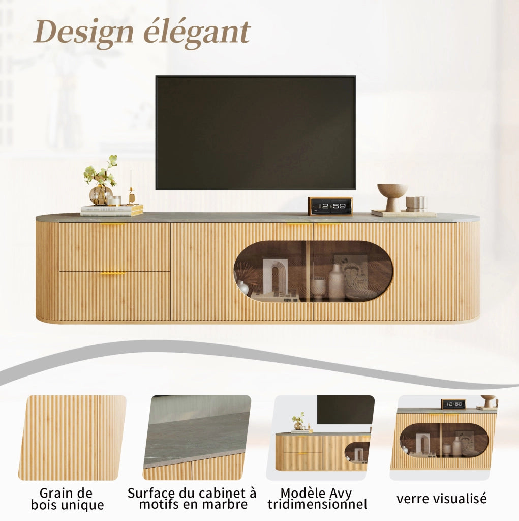 Mobile TV in MDF effetto legno naturale con ante 3D verticali e vetrina ovale in vetro grigio, 172x38x45,5 cm