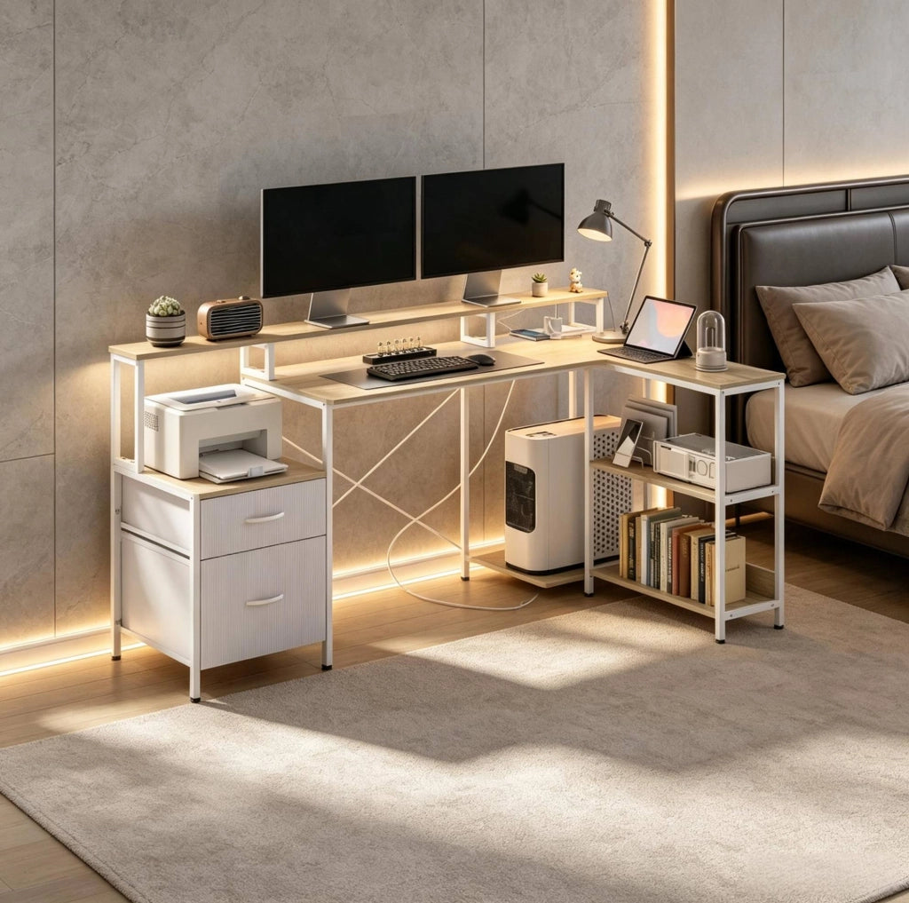 Scrivania angolare bianca con LED RGB, prese e 2 cassetti