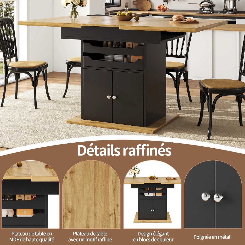Tavolo allungabile con vani contenitore; ripiani estraibili e chiusura ammortizzata in MDF nero 110-140 × 80 × 76 cm