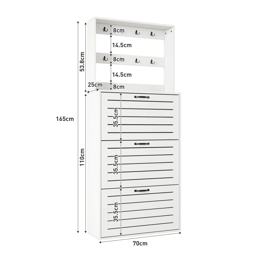 Scarpiera con 3 ripiani e 8 ganci per accessori, per ingresso e camera da letto, in truciolare bianco, 70 × 25 × 165 cm