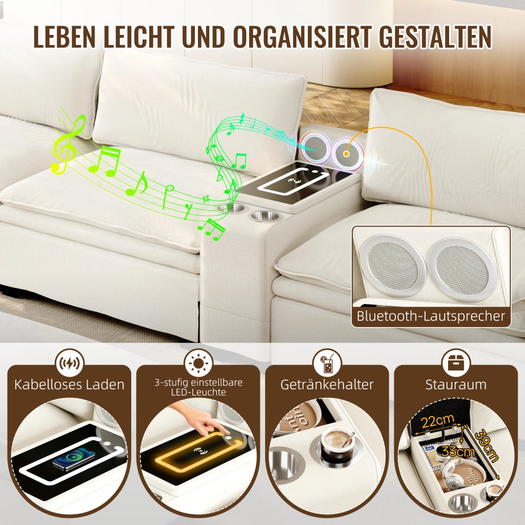 Divano modulare 4 posti - con ricarica wireless; luci e contenitore - chenille - beige