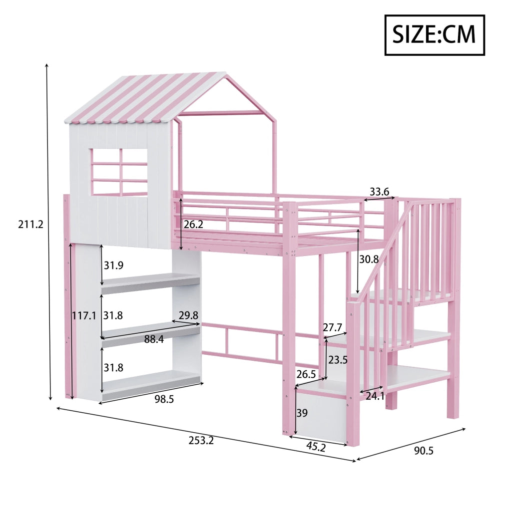 Letto a soppalco in ferro 90x200 cm con sponda alta, scala sicura reversibile e scaffalatura multi-livello, colore rosa