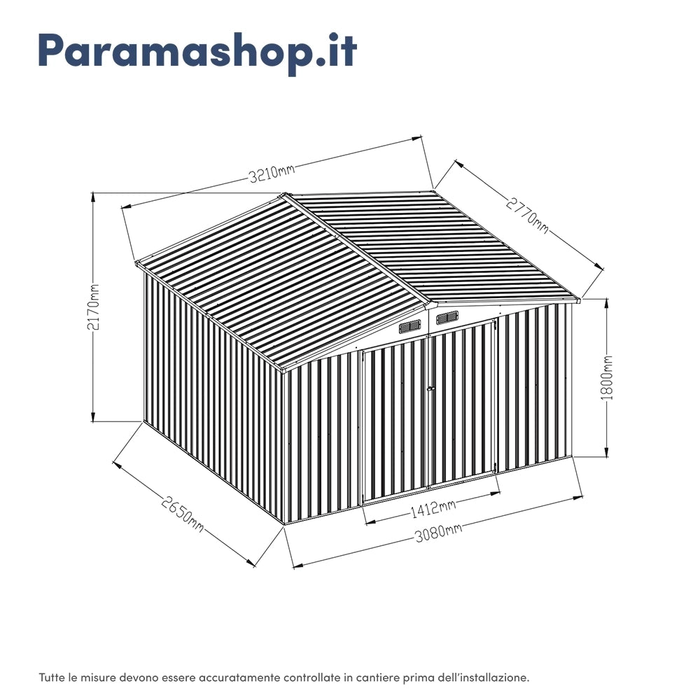 Casetta da giardino in acciaio zincato bianco 3,21x2,77xh2,17 m - 117,7kg - 8,9 metri quadri