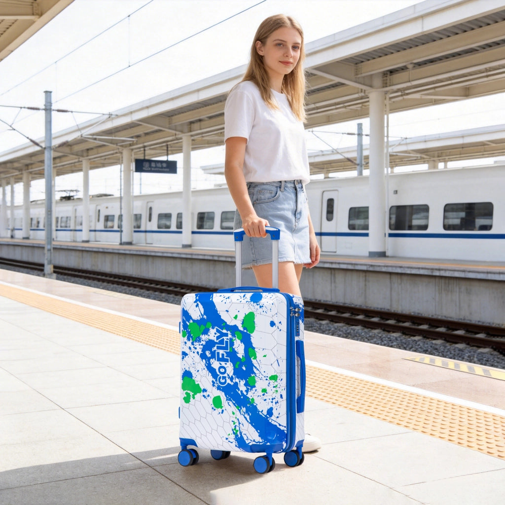 Trolley rigido da viaggio 20 pollici in PC blu con stampa puntinata ruote girevoli a 360° e lucchetto a codice