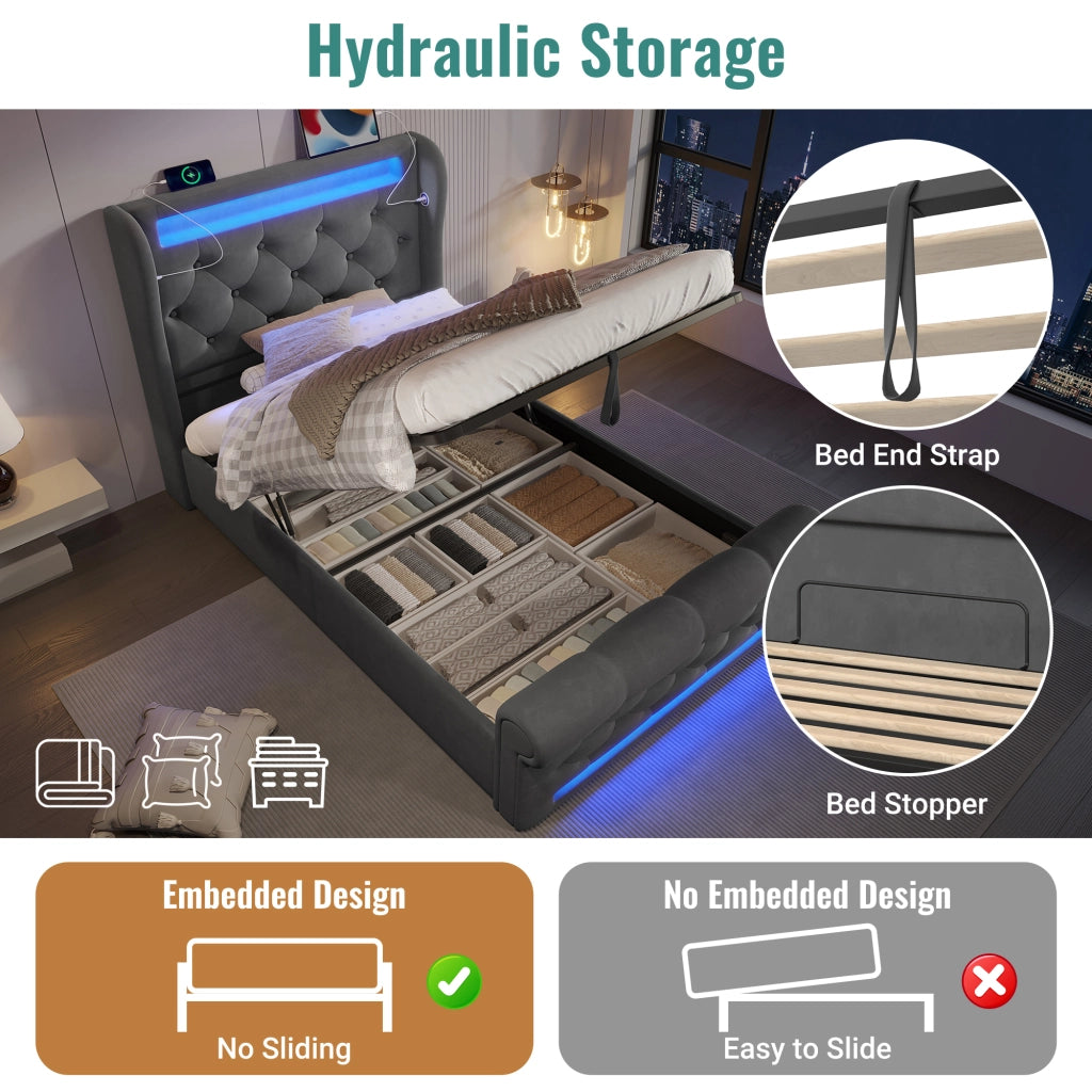 Letto singolo con contenitore 90 × 200 cm idraulico in velluto grigio con LED e porte USB e Type-C