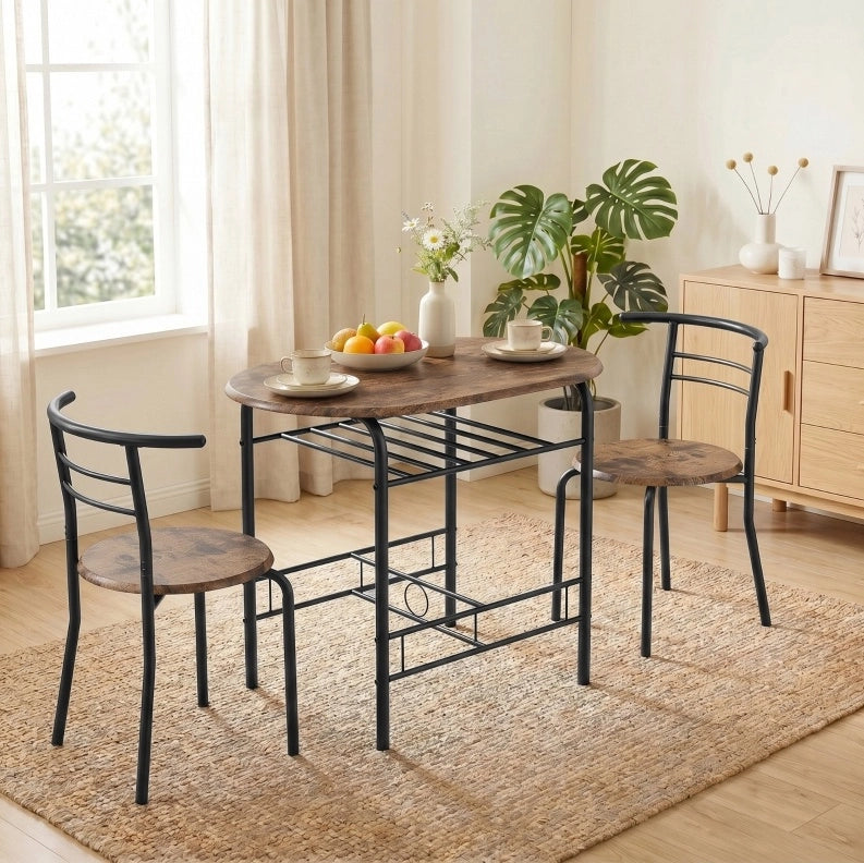 Set tavolo da cucina con 2 sedie e ripiano, marrone rustico