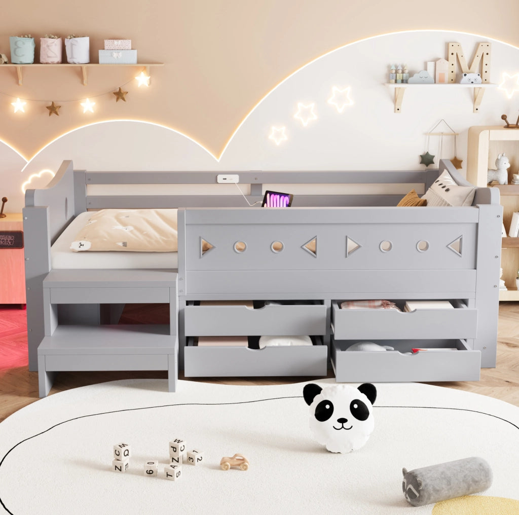 Letto singolo per bambini 90x200 cm grigio con cassetti, LED, USB e Type-C