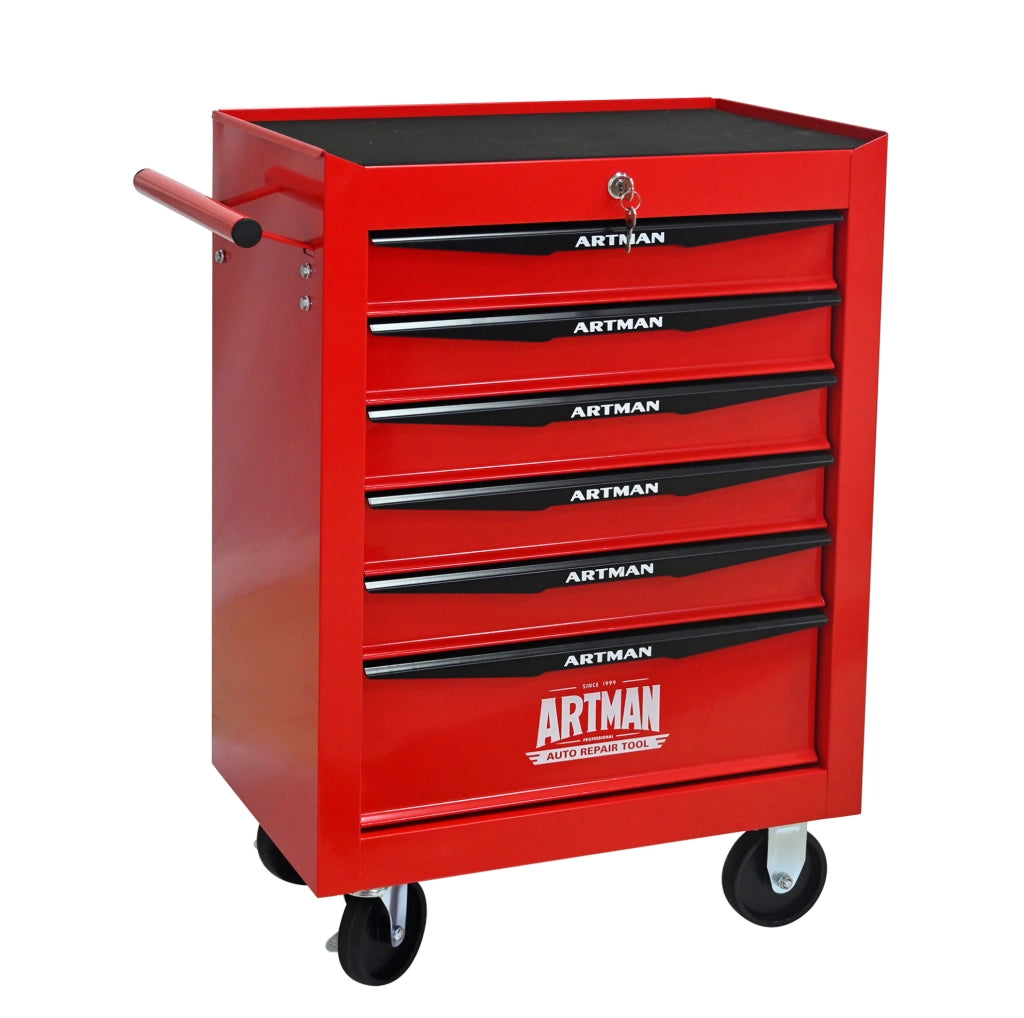 Carrello porta attrezzi in acciaio con 6 cassetti e ruote, 60x33x77,5 cm, rosso e nero