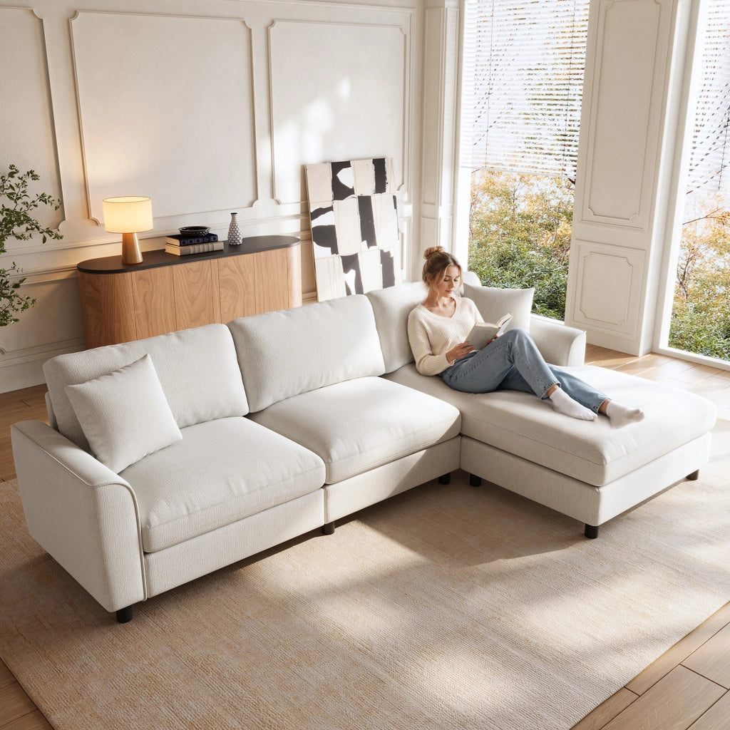 Divano angolare beige a 3 posti con chaise longue reversibile 90 cm in ciniglia
