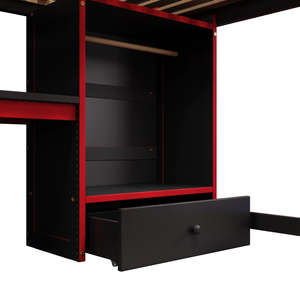 Letto a soppalco 140 × 200 cm con scrivania gaming armadio cassetti ripiani LED RGB scala in legno nero e rosso