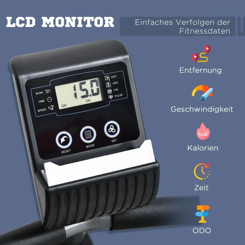 Bici reclinata con display LCD, resistenza magnetica a 8 livelli, sensori frequenza cardiaca, schienale regolabile. Portata 110 kg, per home gym