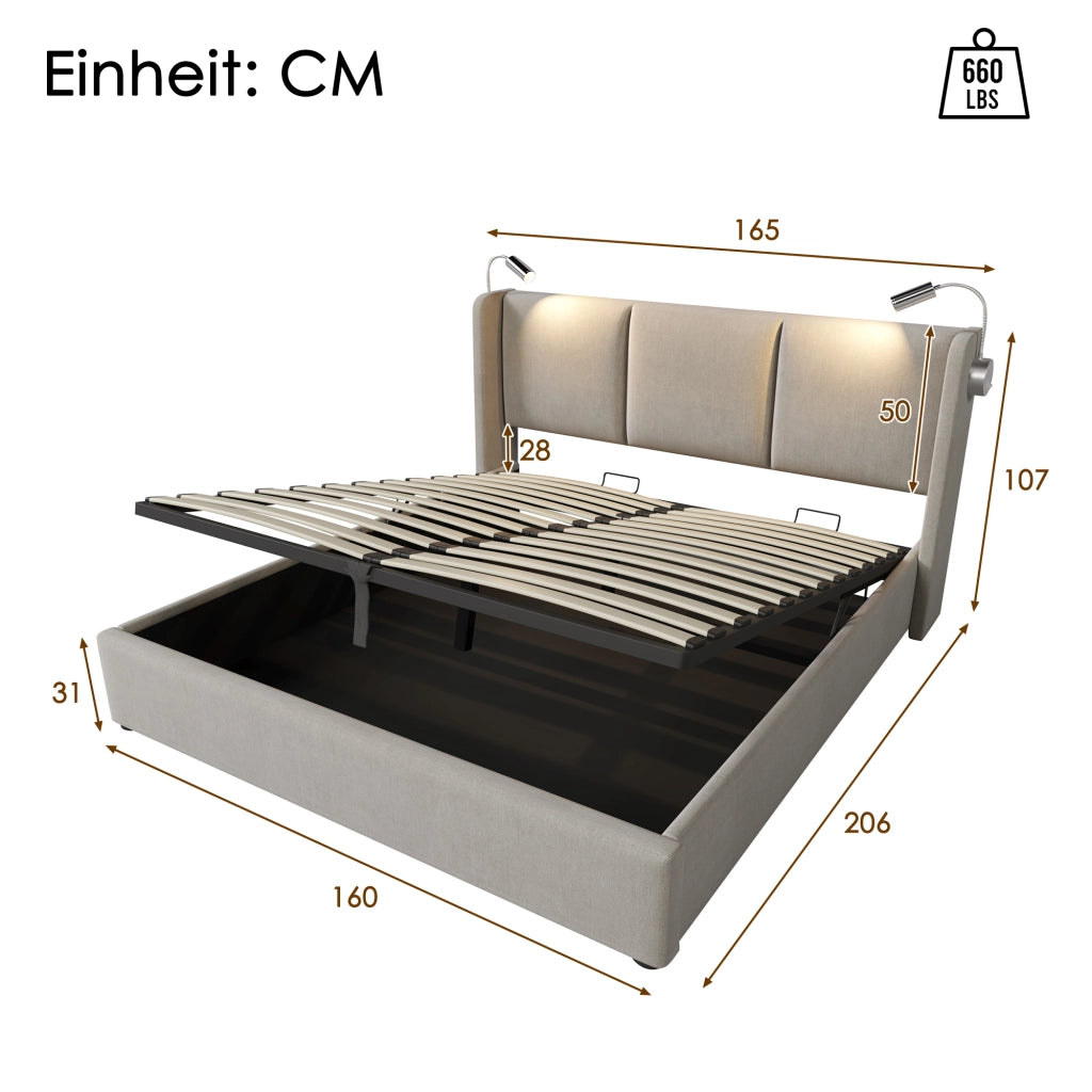 Letto Contenitore Imbottito Matrimoniale con Luce LED e USB ¨C MINIMAL ¨C Tessuto Lino 160x200