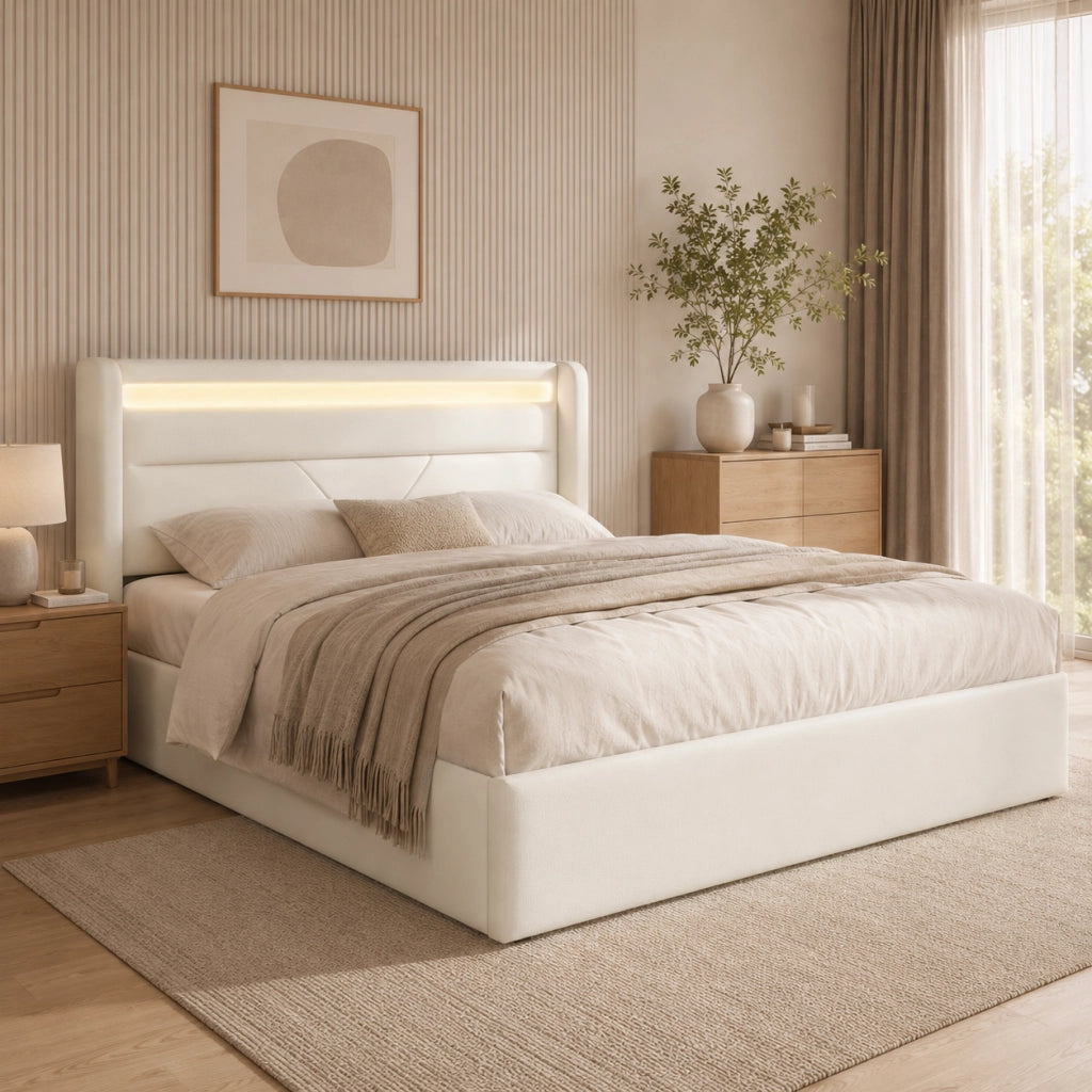 Letto matrimoniale imbottito 160 × 200 cm con contenitore idraulico LED telecomando in PU bianco rete a doghe
