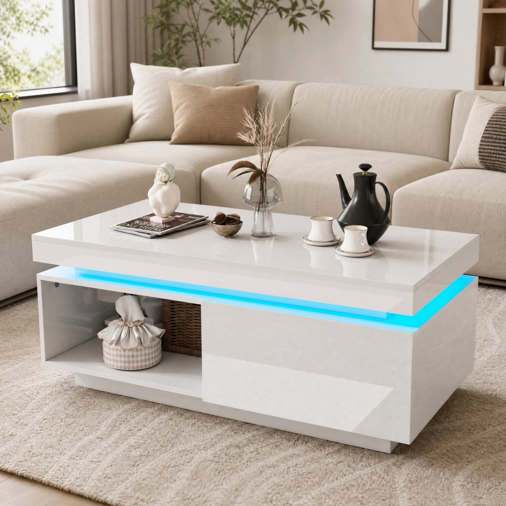 Set soggiorno con mobile TV 181 cm e tavolino da salotto LED bianco lucido HOMVRA