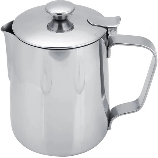 Vaso da latte in acciaio inossidabile - 350ml - Caffè - Arte del caffè - Bocchetta senza gocciolamento - Coperchio in argento - Tazza da caffè