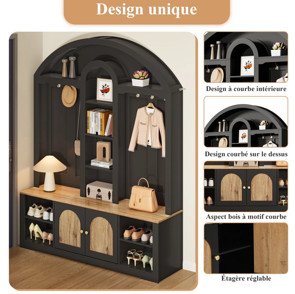 Garderoba in MDF nera con ripiani, appendiabiti e doppi sportelli, design curvo 150x40x195 cm