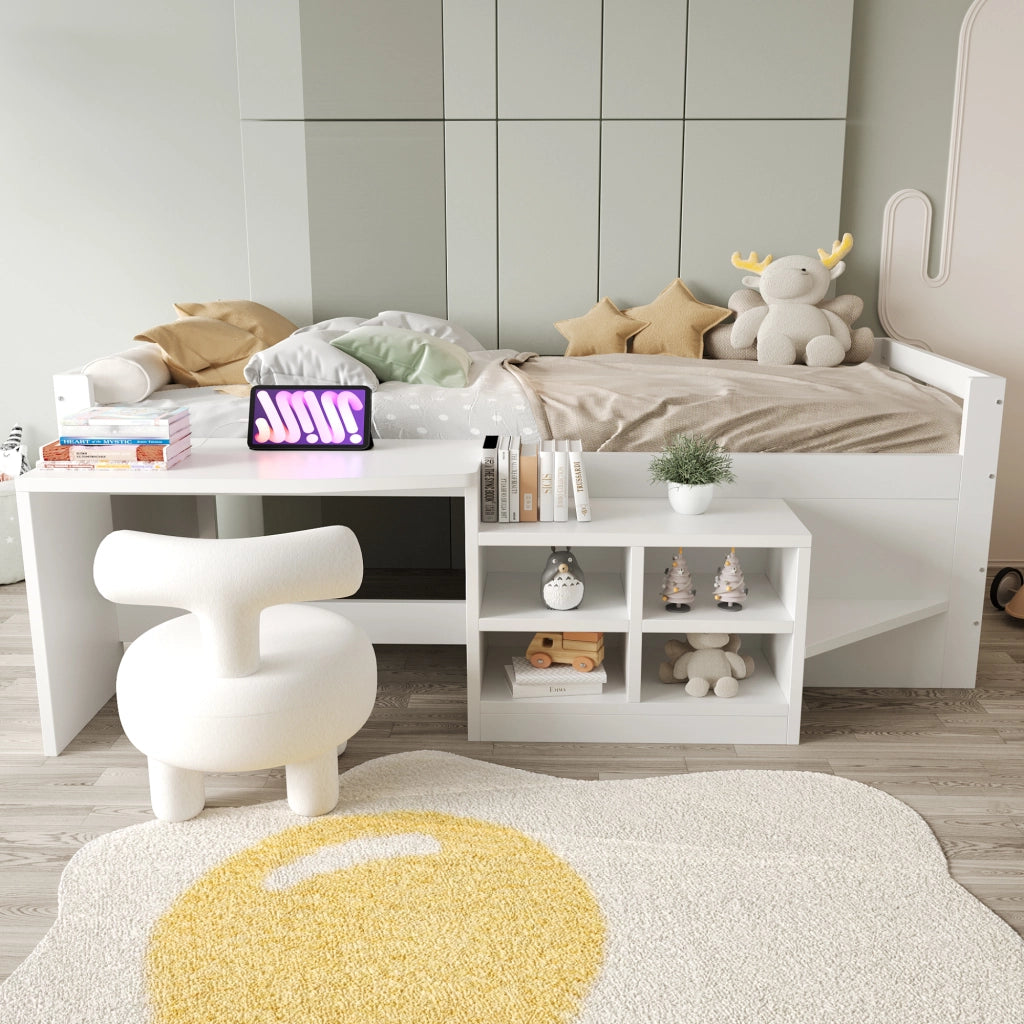Letto per bambini in legno 90 x 200 cm con scomparti e scrivania con prese standard europeo, letto singolo - Bianco