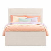 Letto singolo imbottito 90 × 200 cm con ampio vano contenitore; senza materasso; in lino e MDF; beige