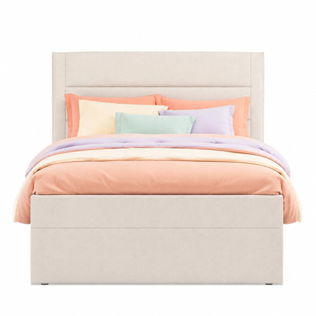 Letto singolo imbottito 90 × 200 cm con ampio vano contenitore; senza materasso; in lino e MDF; beige